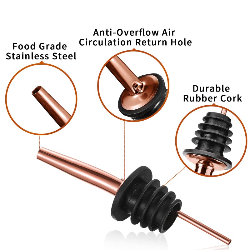 SuproBarware Liquor Bottle Pourers - 8 Pack Stainless Steel Classic Bottle Pourers with Clean Brush, Rustproof Metal Alcohol Pouring Tubes For Bars, Clubs, Restaurants & Home Use (Copper) - Image 3